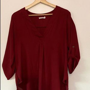 V Neck Crepe Flowy Dark Red Blouse